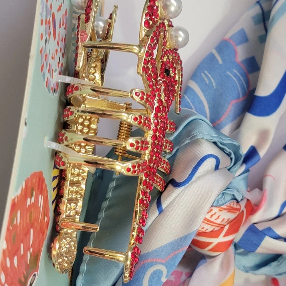 Piper K Lobster Scarf & Rhinestone Lobster Hair Claw Clip Gingham Beach Nautical